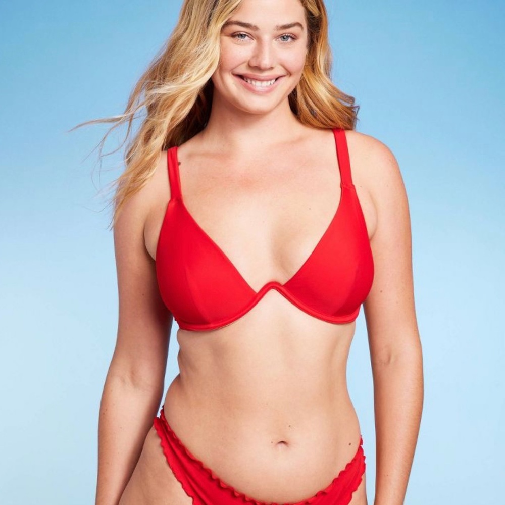 Shade & Shore Underwire Bikini Top & Ruffle High Leg Cheeky Bottom - Red